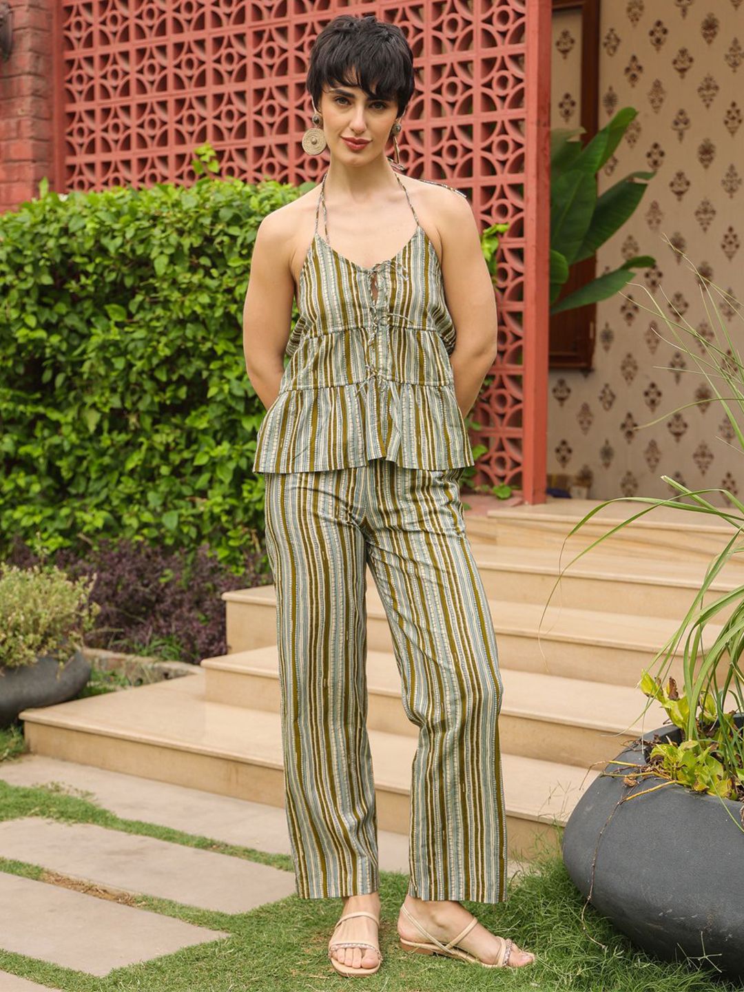 SANSKRUTIHOMES Striped Pure Cotton Top With Trouser Co-Ords