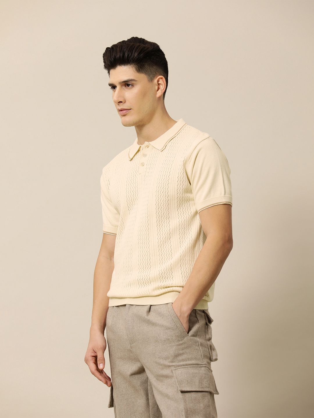 Mr Bowerbird Men Self Designed Polo Collar Pure Cotton Tailored Winter T-shirt