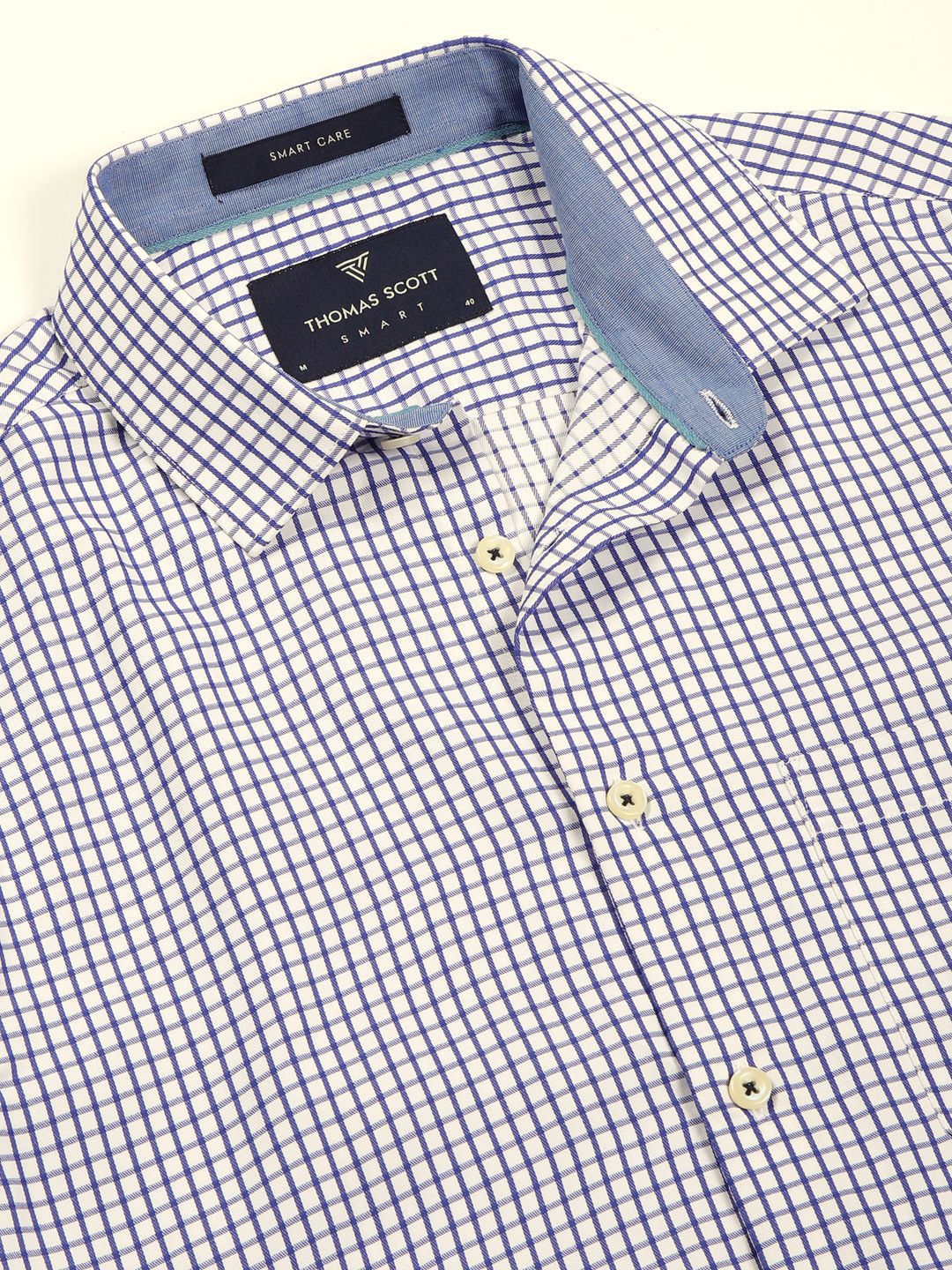 Thomas Scott Men Smart Spread Collar Gingham Checked Cotton Formal Shirt