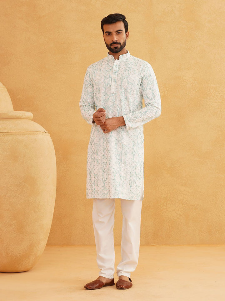 SOJANYA Geometric Embroidered Sequinned Mandarin Collar Pure Cotton Kurta With Churidar