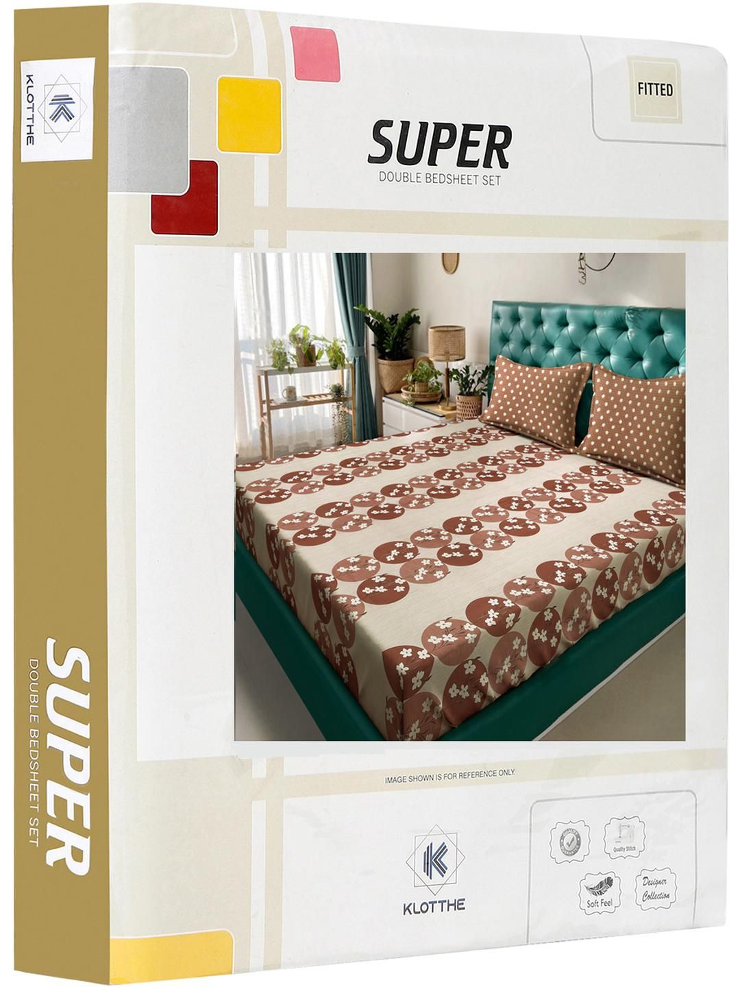 KLOTTHE Coklat & Putih Kapas Bercetak Bunga 400 TC Set Cadar King 2.5 m x 2.25 m