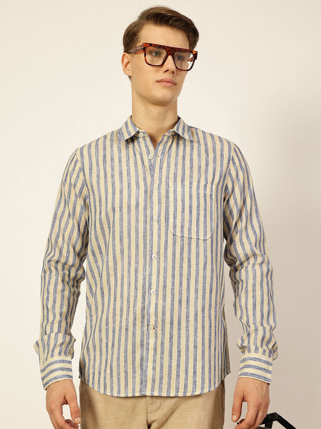 Thomas Scott Men Premium Spread Collar Vertical Striped Linen Slim Fit Casual Shirt