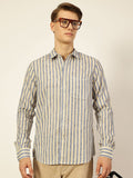 Thomas Scott Men Premium Spread Collar Vertical Striped Linen Slim Fit Casual Shirt