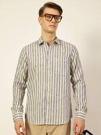 Thomas Scott Men Premium Spread Collar Vertical Striped Linen Slim Fit Casual Shirt