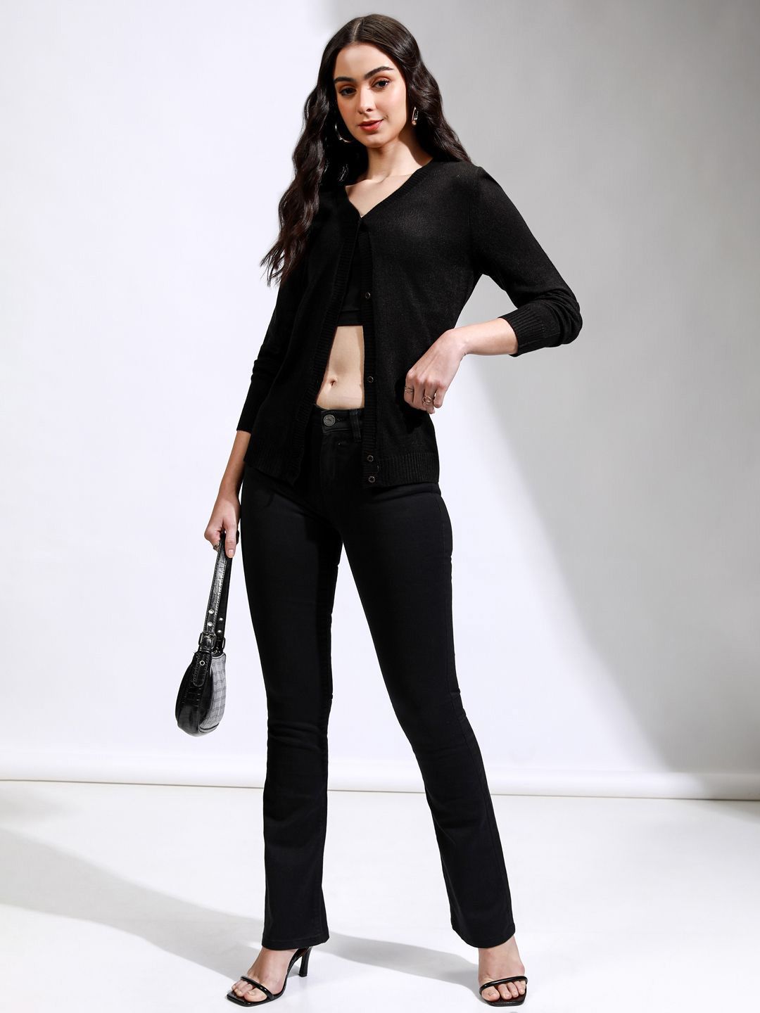 Tokyo Talkies Women Ribbed V-Neck Cardigan Sweaters
