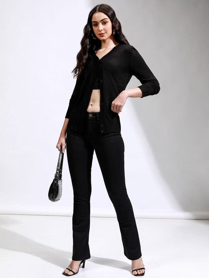 Tokyo Talkies Women Ribbed V-Neck Cardigan Sweaters