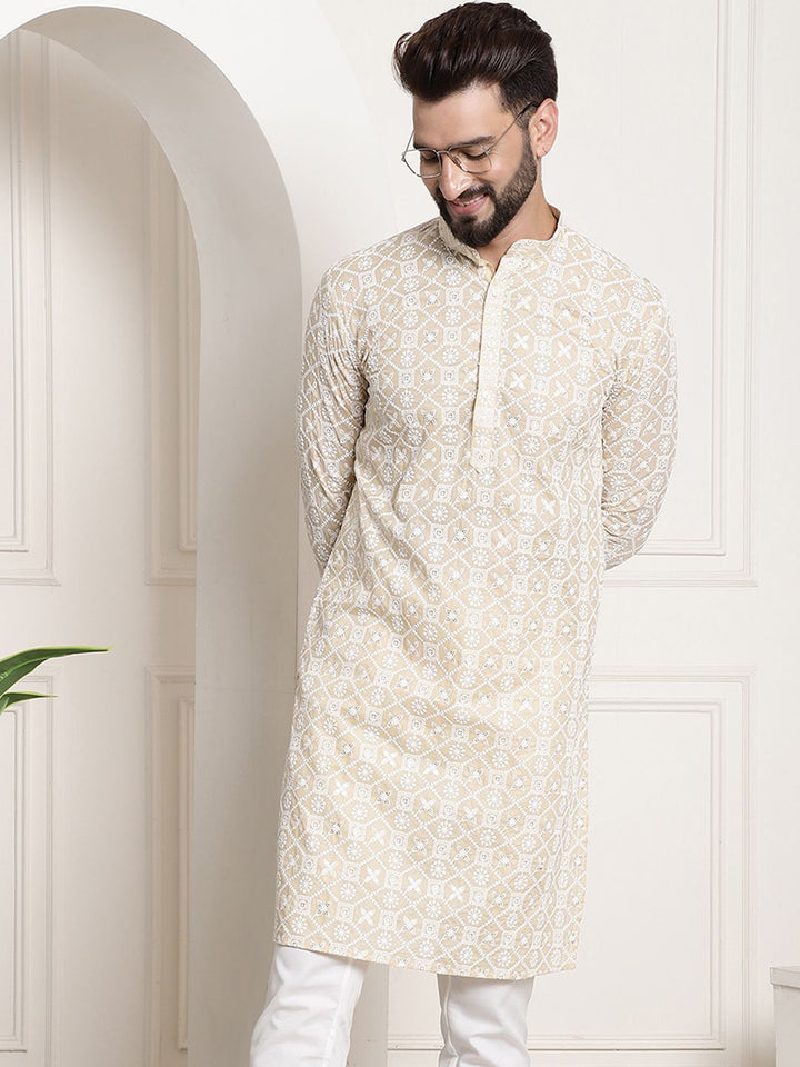 SOJANYA Band Collar Ethnic Motifs Embroidered Thread Work Cotton Kurta