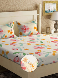 Myntra Elegant Homes Cream Floral 300 TC Fitted King Fine Bedsheet dengan 2 Sarung Bantal