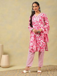 Mamicha Women Floral Printed Regular Mirror Work Pure Cotton Kurta with Trousers & With Dupatta