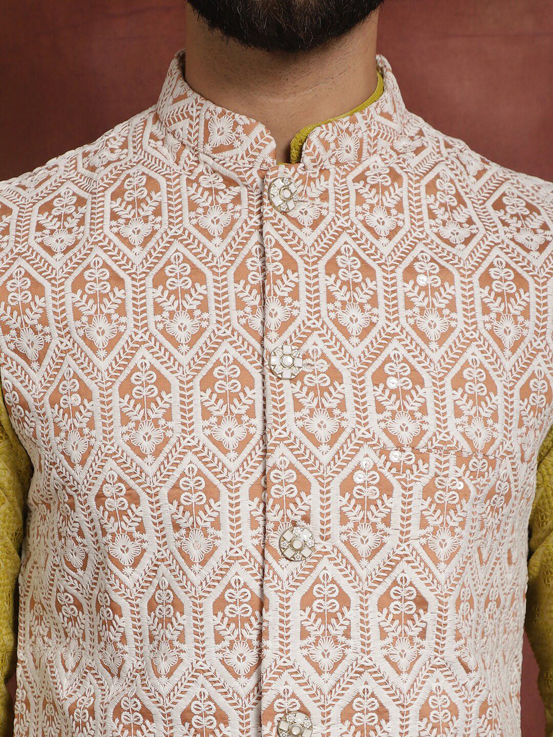 Anouk Mandarin Collar Geometic Embroidered Kurta With Churidar & Nehru Jacket