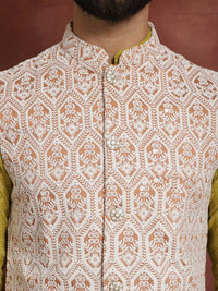 Anouk Mandarin Collar Geometic Embroidered Kurta With Churidar & Nehru Jacket