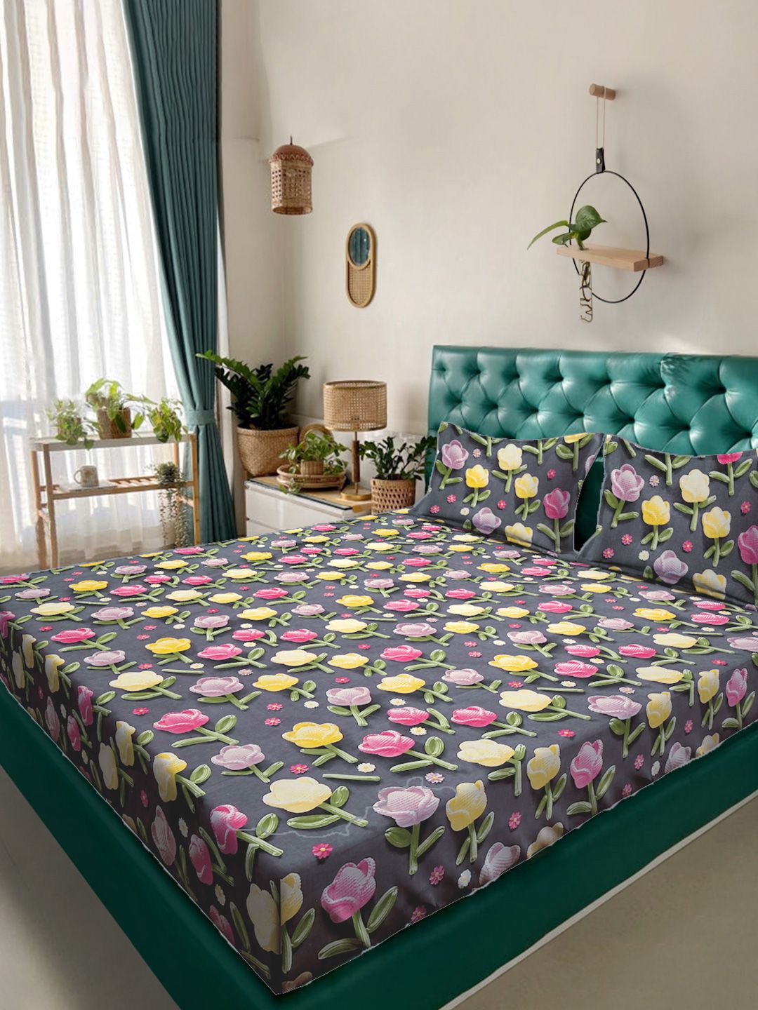KLOTTHE Grey Floral 300TC King Superfine 7D Cadar & 2 Sarung Bantal-2.50mx2.25m