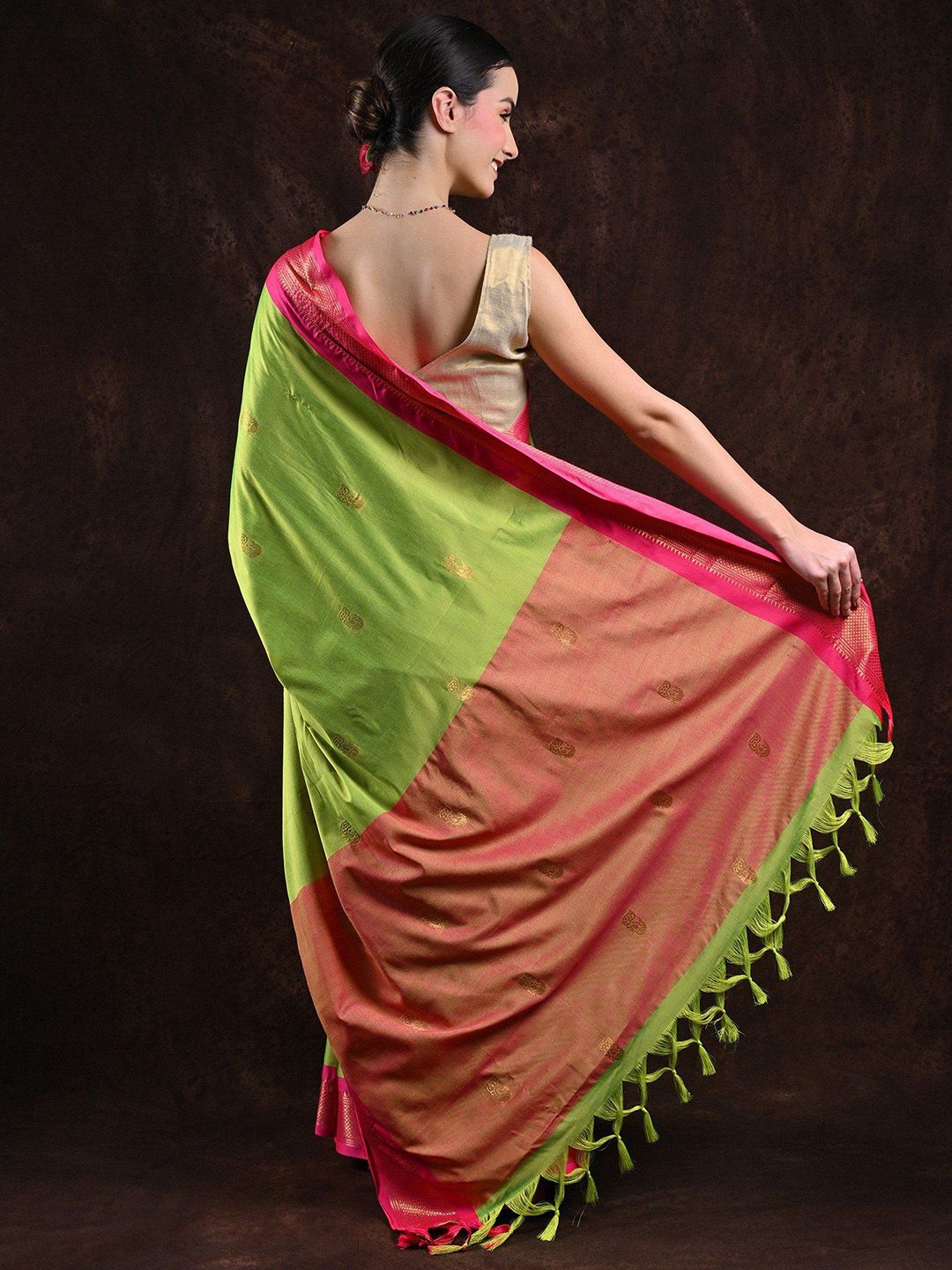 Exotic India Grenoble Green Saree with Zari Woven Peacocks and Contrast Border