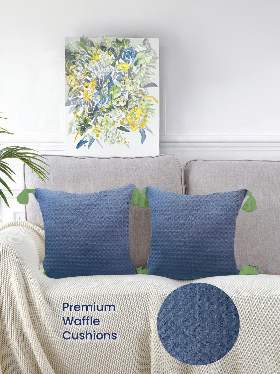 URBAN SPACE Navy Blue & Green 2 Pieces Checked Square Cushion Covers