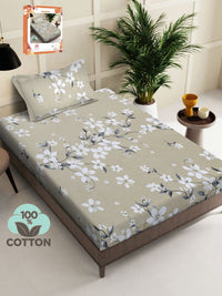 Myntra Elegant Homes Beige & White Floral 400 TC Single Bedsheet with 1 Pillow Covers