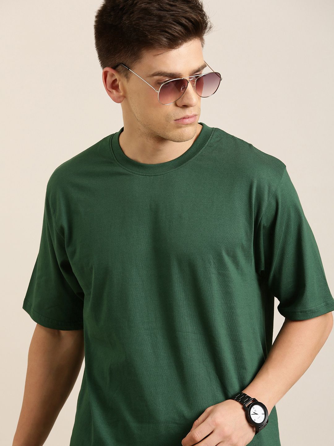 Difference of Opinion Men Green Solid Cotton Drop-Shoulder Oversized Fit T-shirt