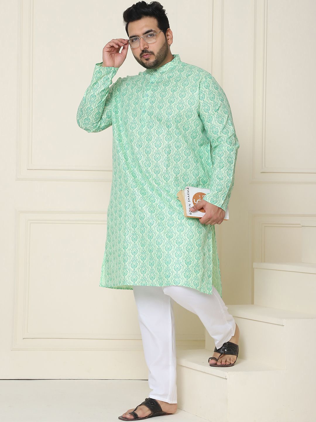 SOJANYA PLUS Ethnic Motifs Band Collar Straight Kurta With Pyjamas