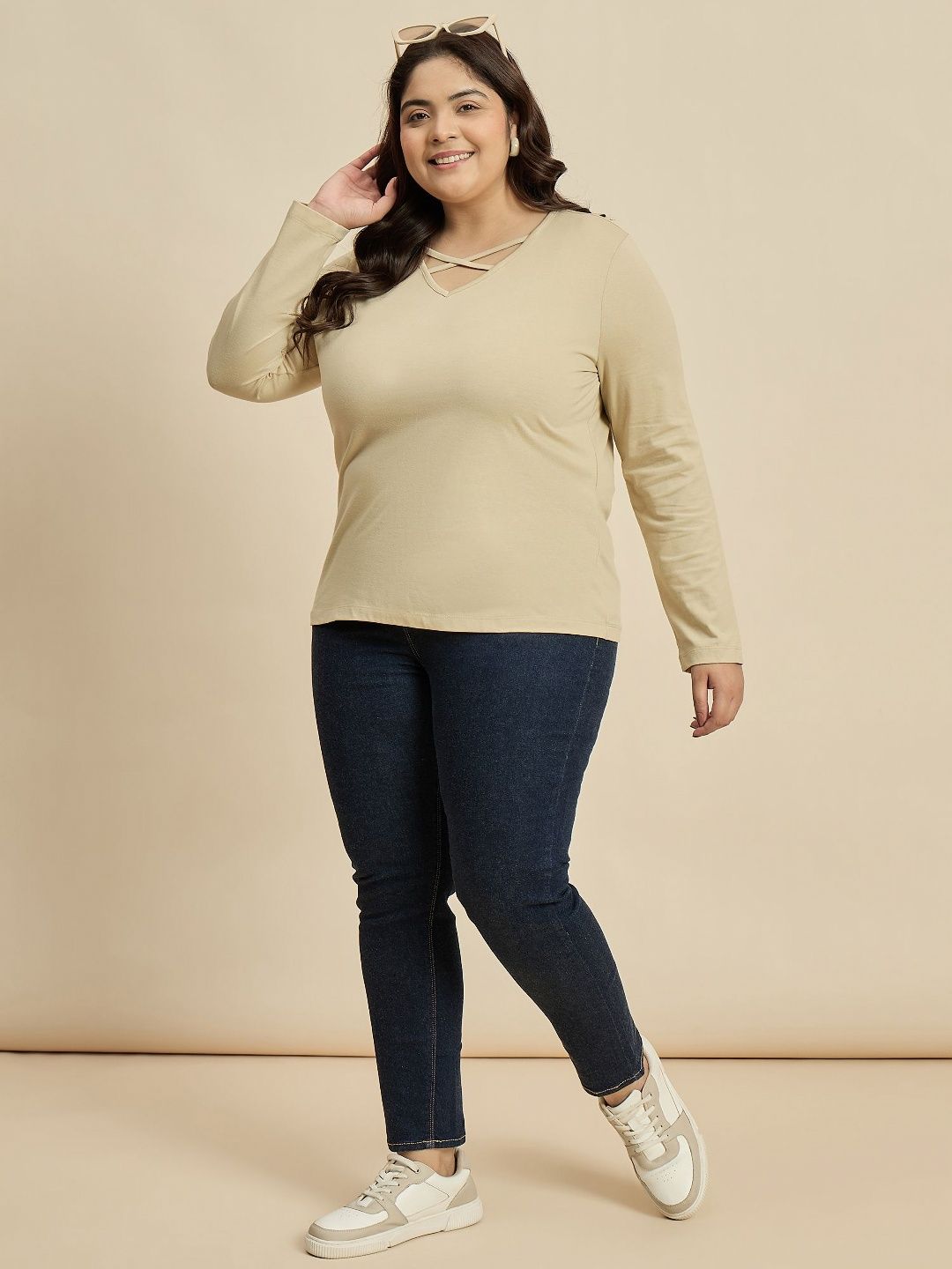 CURVY STREET Women Solid V-Neck Cotton Plus Size T-shirt