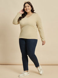 CURVY STREET Women Solid V-Neck Cotton Plus Size T-shirt