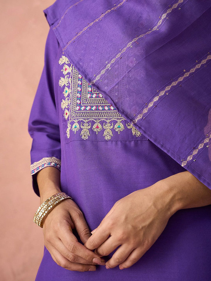 KALINI Ethnic Motifs Embroidered Straight Kurta With Trousers & Dupatta