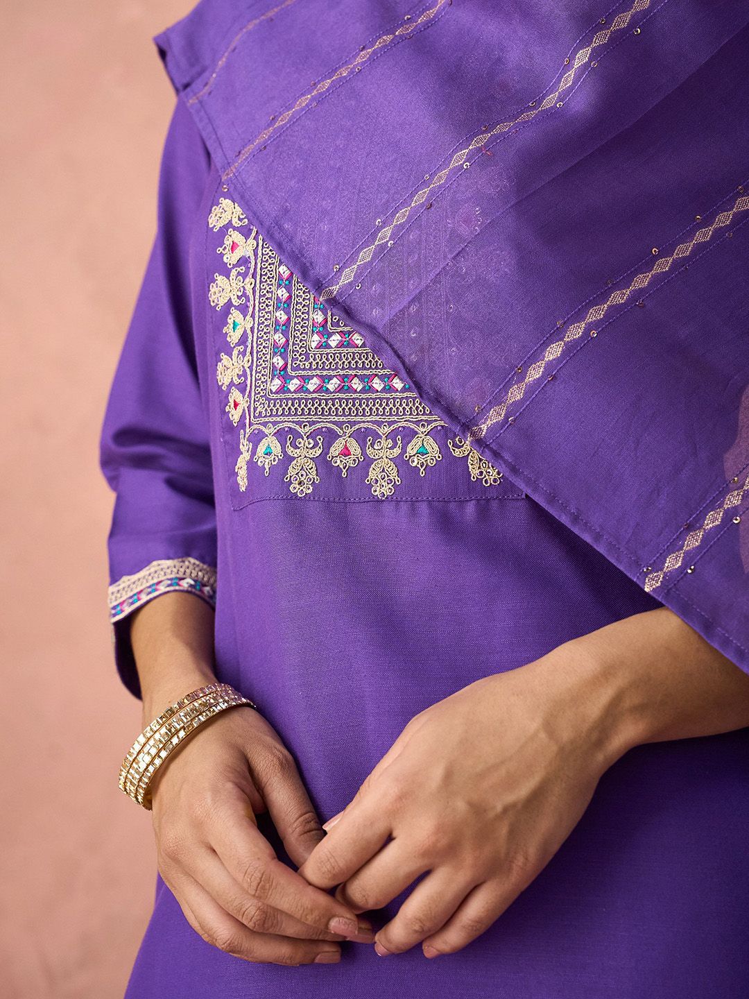 KALINI Ethnic Motifs Embroidered Straight Kurta With Trousers & Dupatta