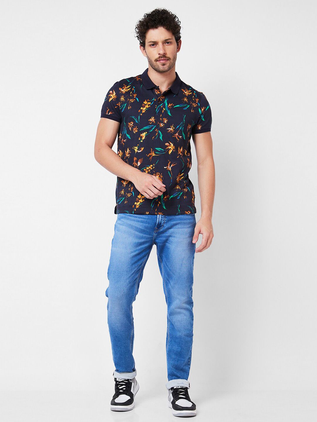 SPYKAR Floral Printed Polo Collar Tropical Pure Cotton Slim Fit T-shirt