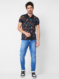 SPYKAR Floral Printed Polo Collar Tropical Pure Cotton Slim Fit T-shirt