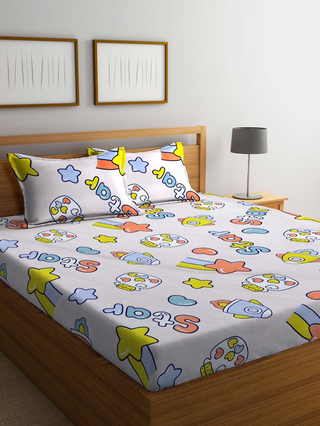KLOTTHE Meadows Blue Cartoon Fitted 300 TC King Bedsheet with 2 Pillow Covers-250X225 cm