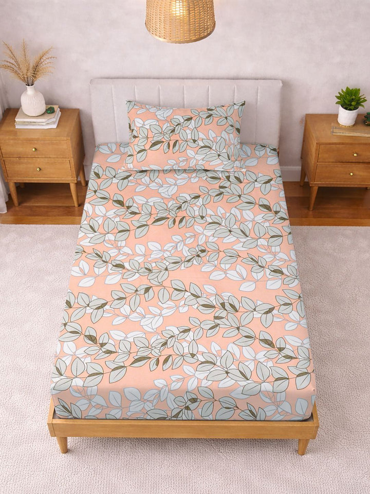 KLOTTHE Orange Color & White Printed 300 TC Single Bedsheet & Pillow Covers-2.25 m x 1.5 m