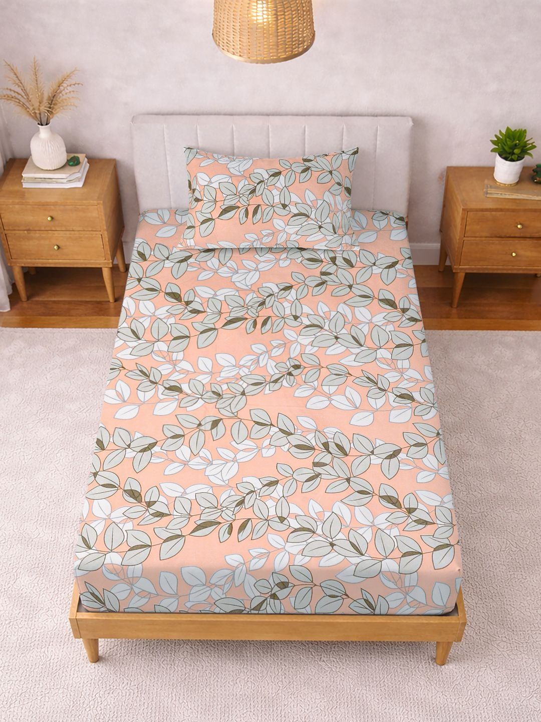 KLOTTHE Orange Color & White Printed 300 TC Single Bedsheet & Pillow Covers-2.25 m x 1.5 m