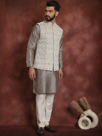 Motif Etnik Anouk Bersulam Kurta Lurus dengan Jaket Churidar & Nehru