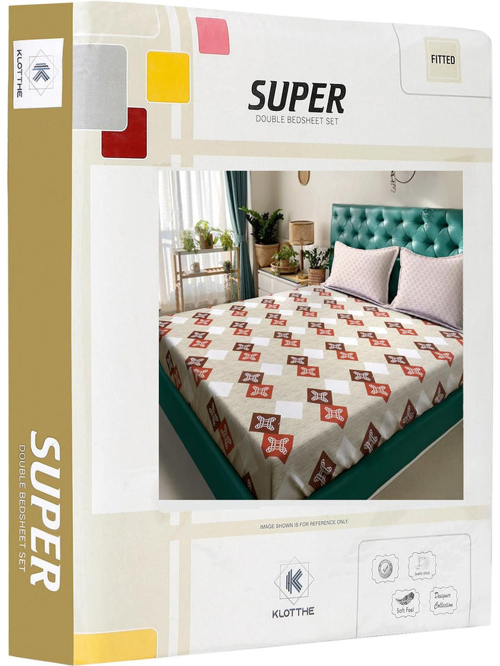 KLOTTHE Beige Geometric 400 TC King Bedsheet with 2 Pillow Covers
