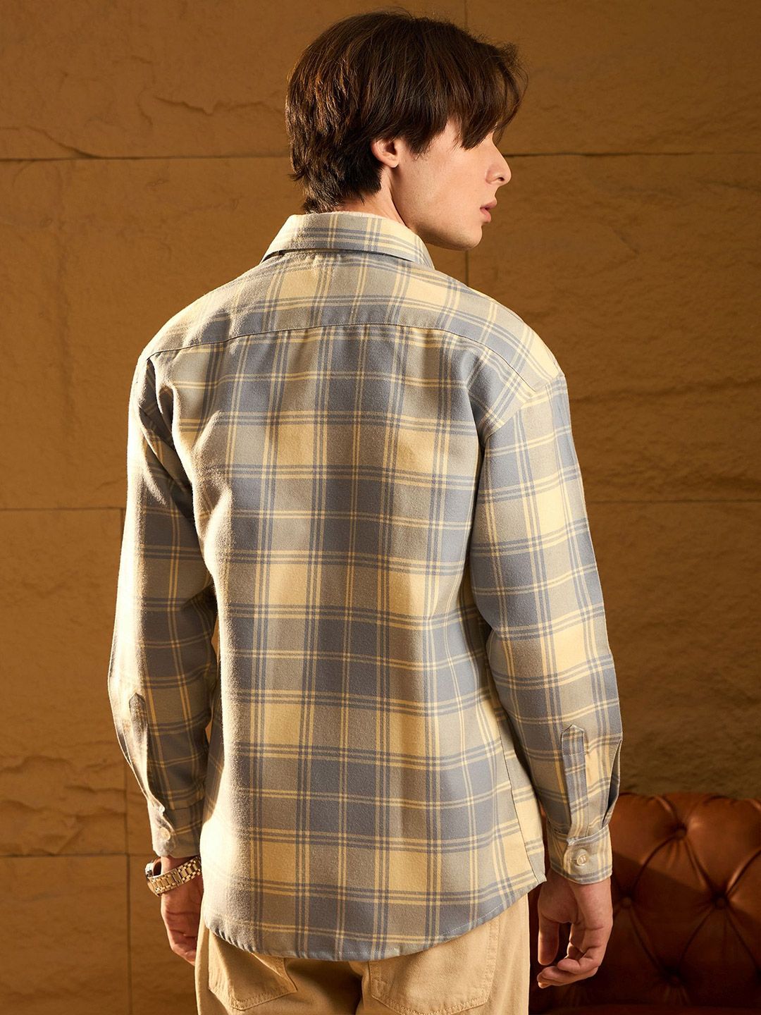 DENNISON Men Double Pocket Drop Shoulder Oversized Cotton Checked Shacket