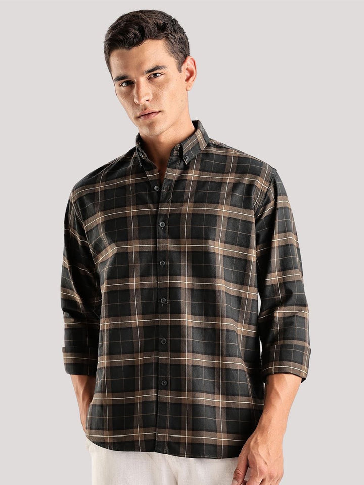 ADRO Tartan Checked Spread Collar Baju Kasual Kapas Lengan Panjang