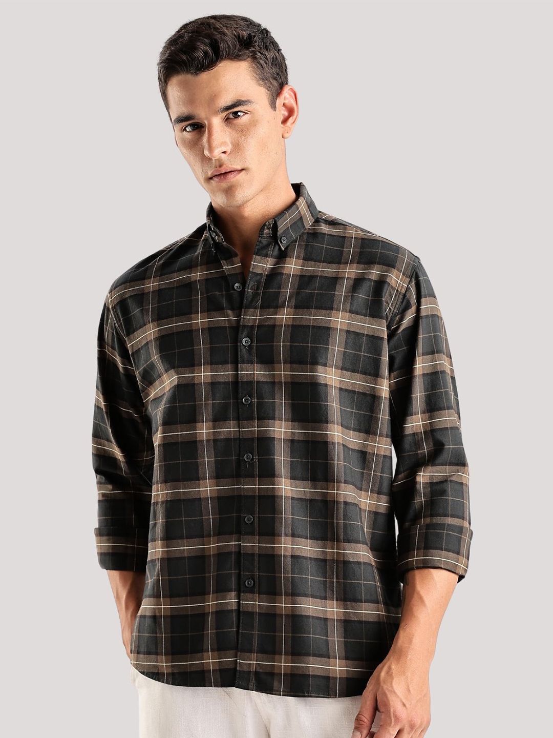 ADRO Tartan Checked Spread Collar Baju Kasual Kapas Lengan Panjang