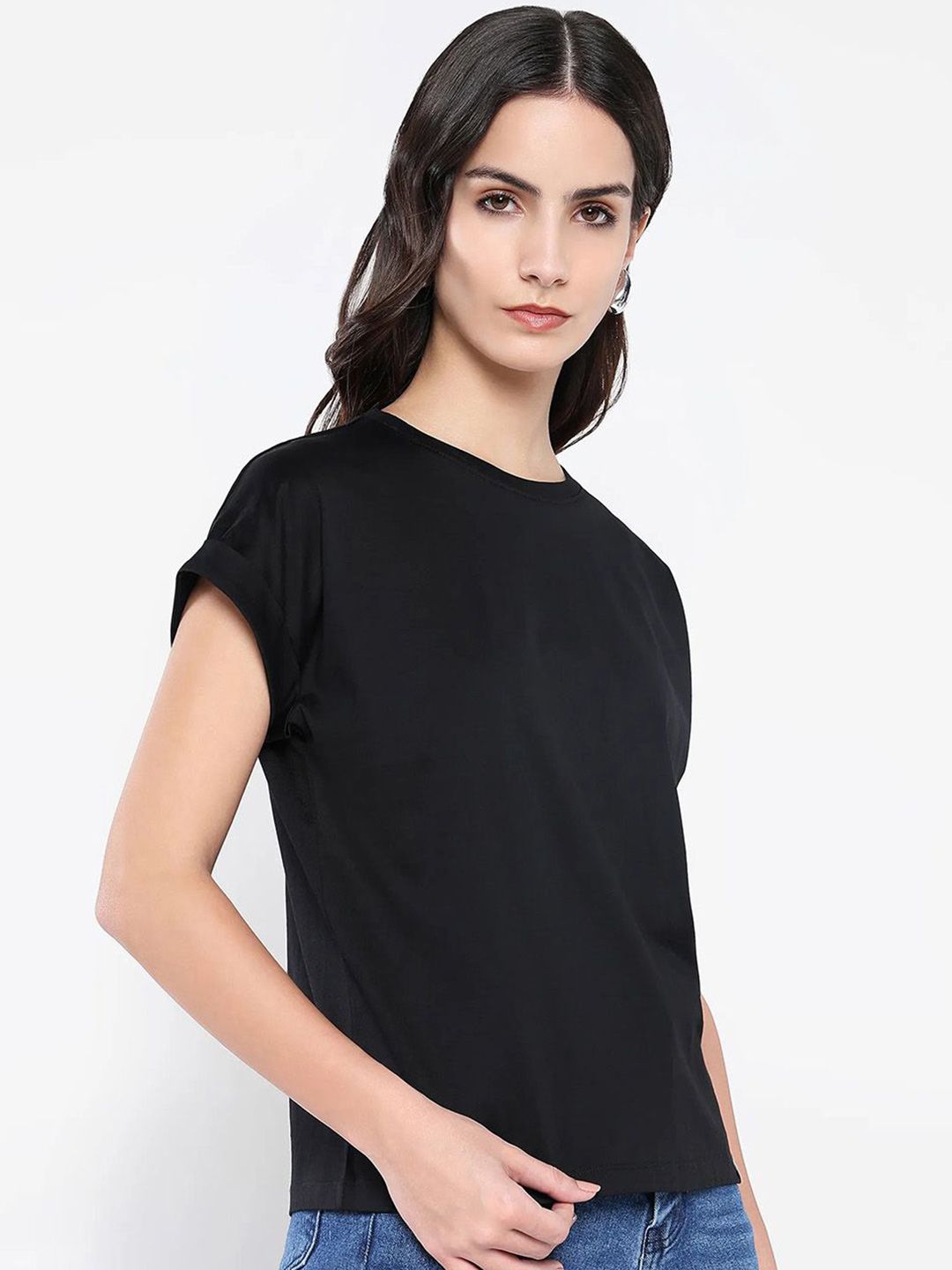 Rareism Wanita Pepejal Leher Kapas T-Shirt Santai