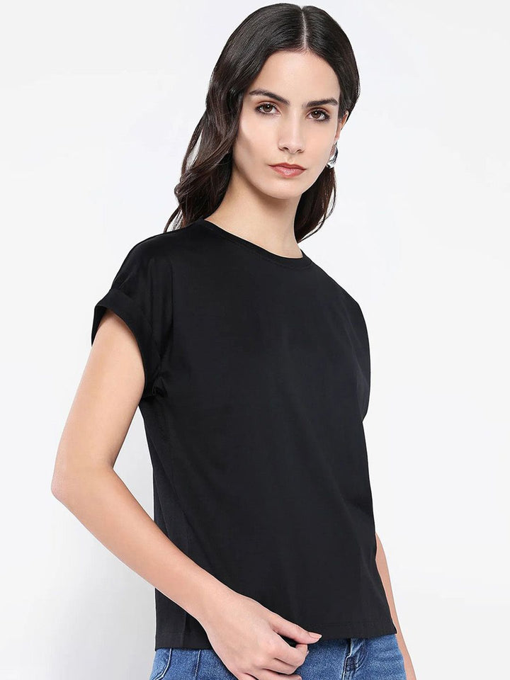 Rareism Wanita Pepejal Leher Kapas T-Shirt Santai