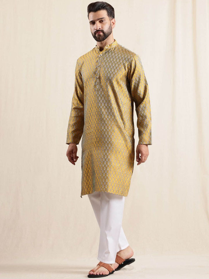 Anouk Men Ethnic Woven Design Band Collar Regular Kurta With Pyjamas