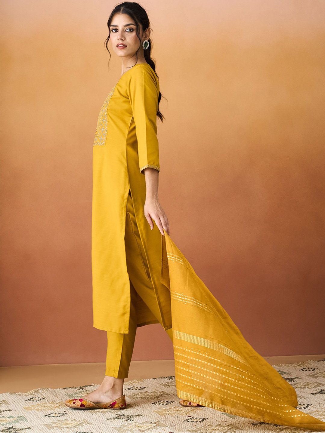 KALINI Ethnic Motifs Yoke Design Thread Work Straight Kurta With Trousers & Dupatta