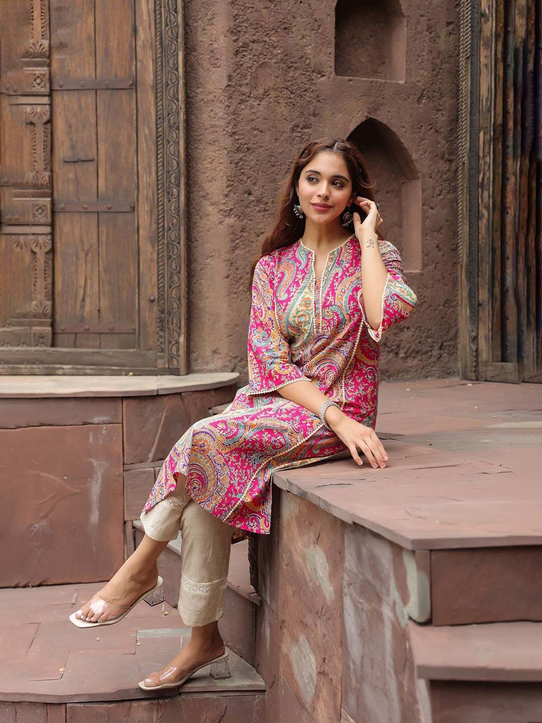 Rain & Rainbow Women Ethnic Motifs Printed Flared Sleeves Mirror Work Kurta