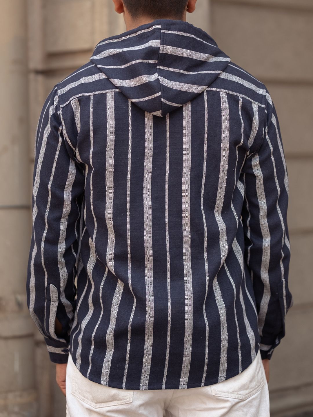 Powerlook Men Vertical Striped Hooded Casual Shirt