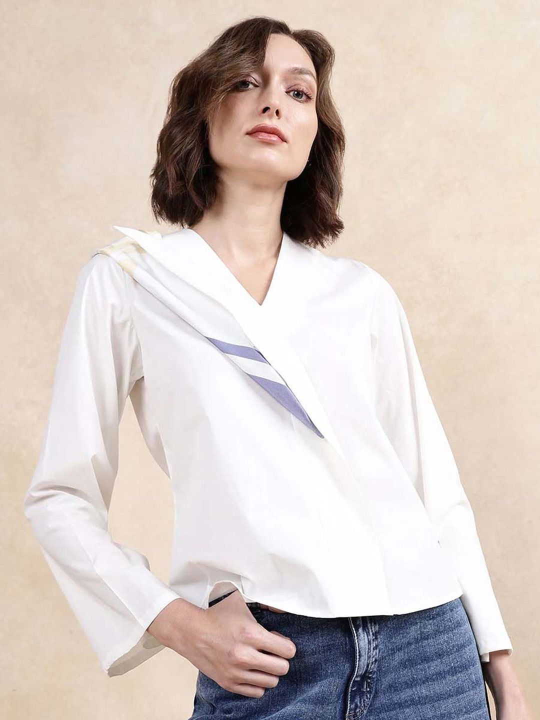 RAREISM Women Solid V-Neck Cotton Top