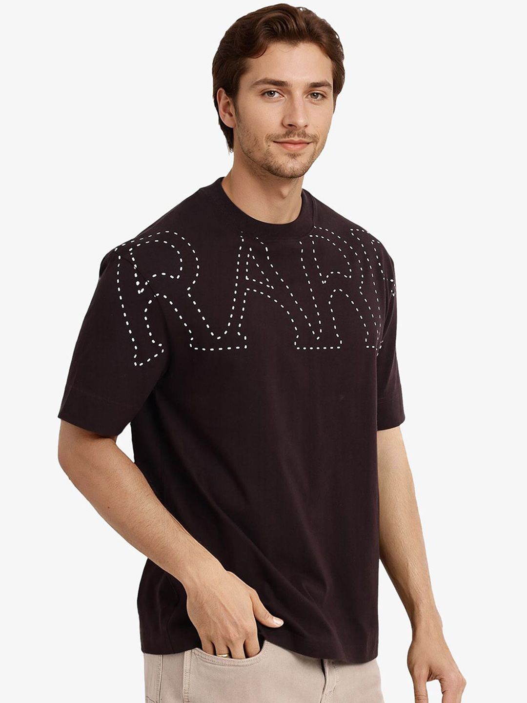 RARE RABBIT Men Typography Printed Round Neck Cotton Oversized T-shirt