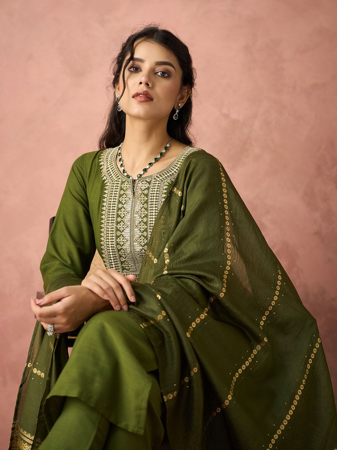 KALINI Ethnic Motifs Embroidered Straight Kurta With Trousers & Dupatta