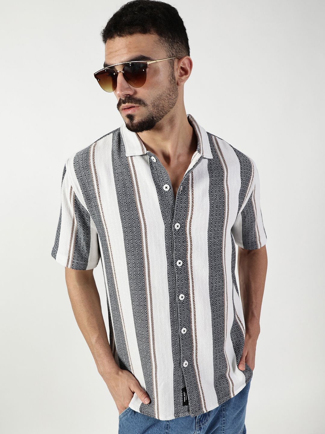 Thomas Scott Men Premium Spread Collar Vertical Striped Cotton Slim Fit Casual Shirt