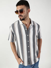 Thomas Scott Men Premium Spread Collar Vertical Striped Cotton Slim Fit Casual Shirt