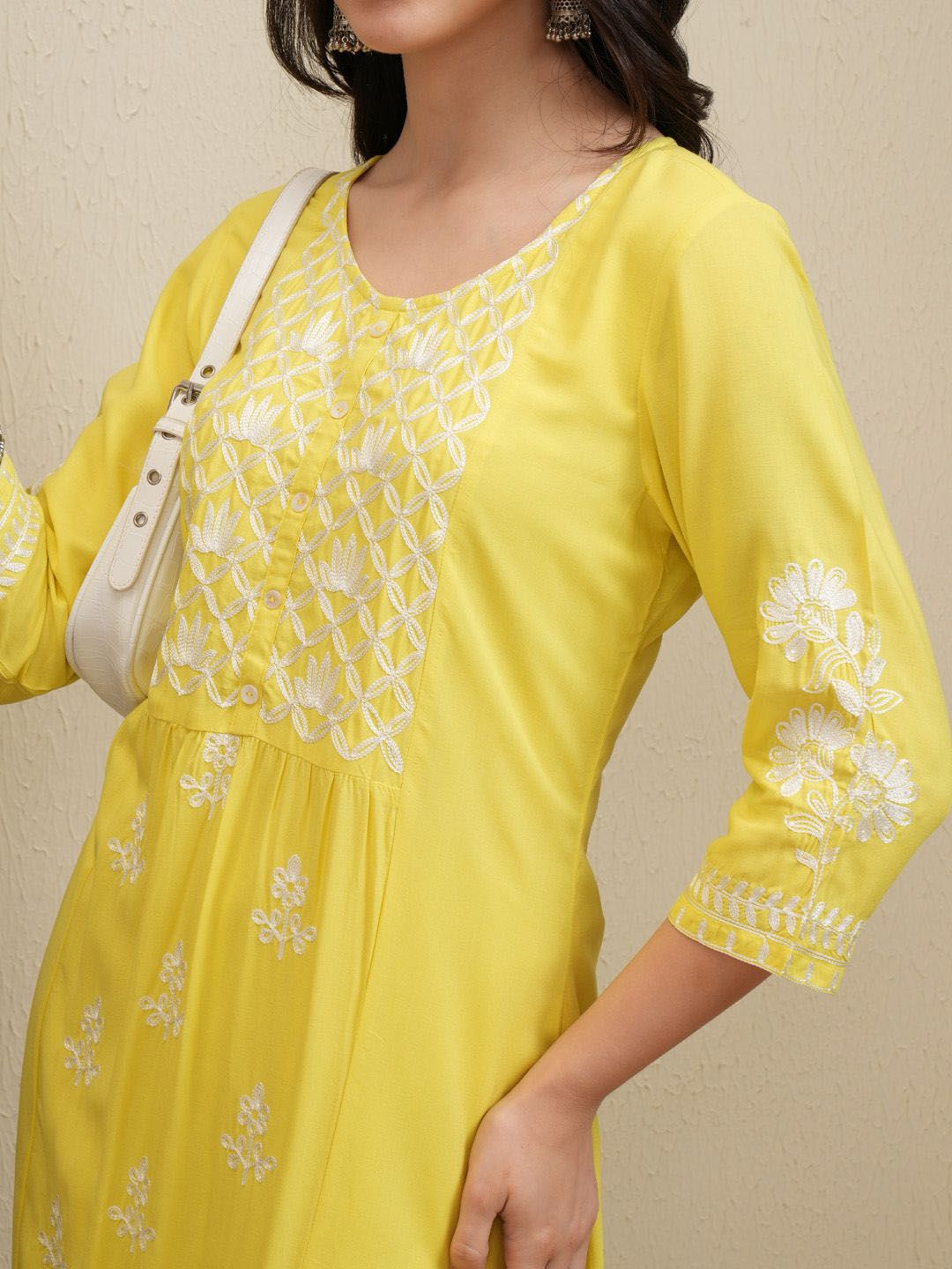 Vishudh Yellow Floral Embroidered Round Neck Thread Work Straight Kurta With Palazzos