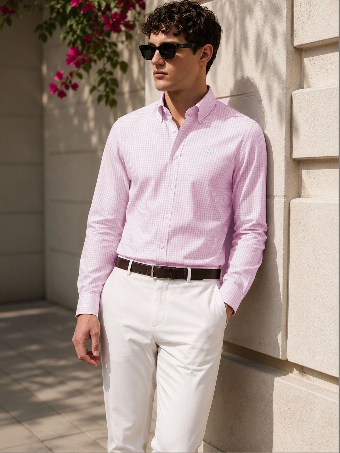 ADRO Men Pink & White Mini Checked Regular Fit Casual Cotton Shirt