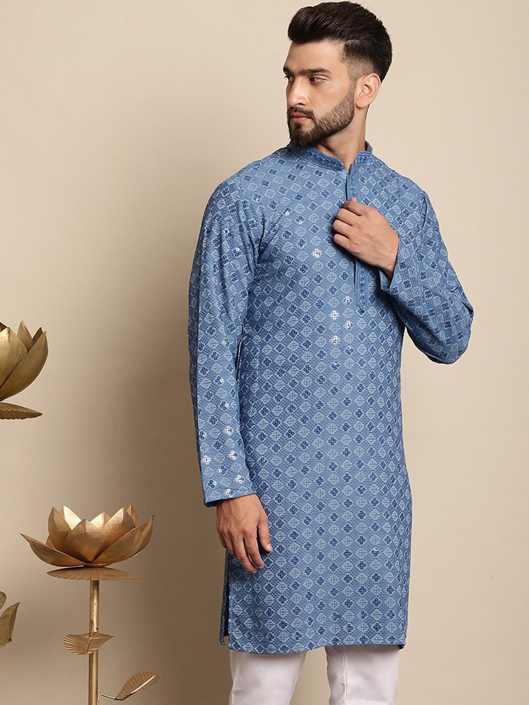 Anouk Dihiasi Labuci Kolar Mandarin Perincian Cotton Straight Kurta