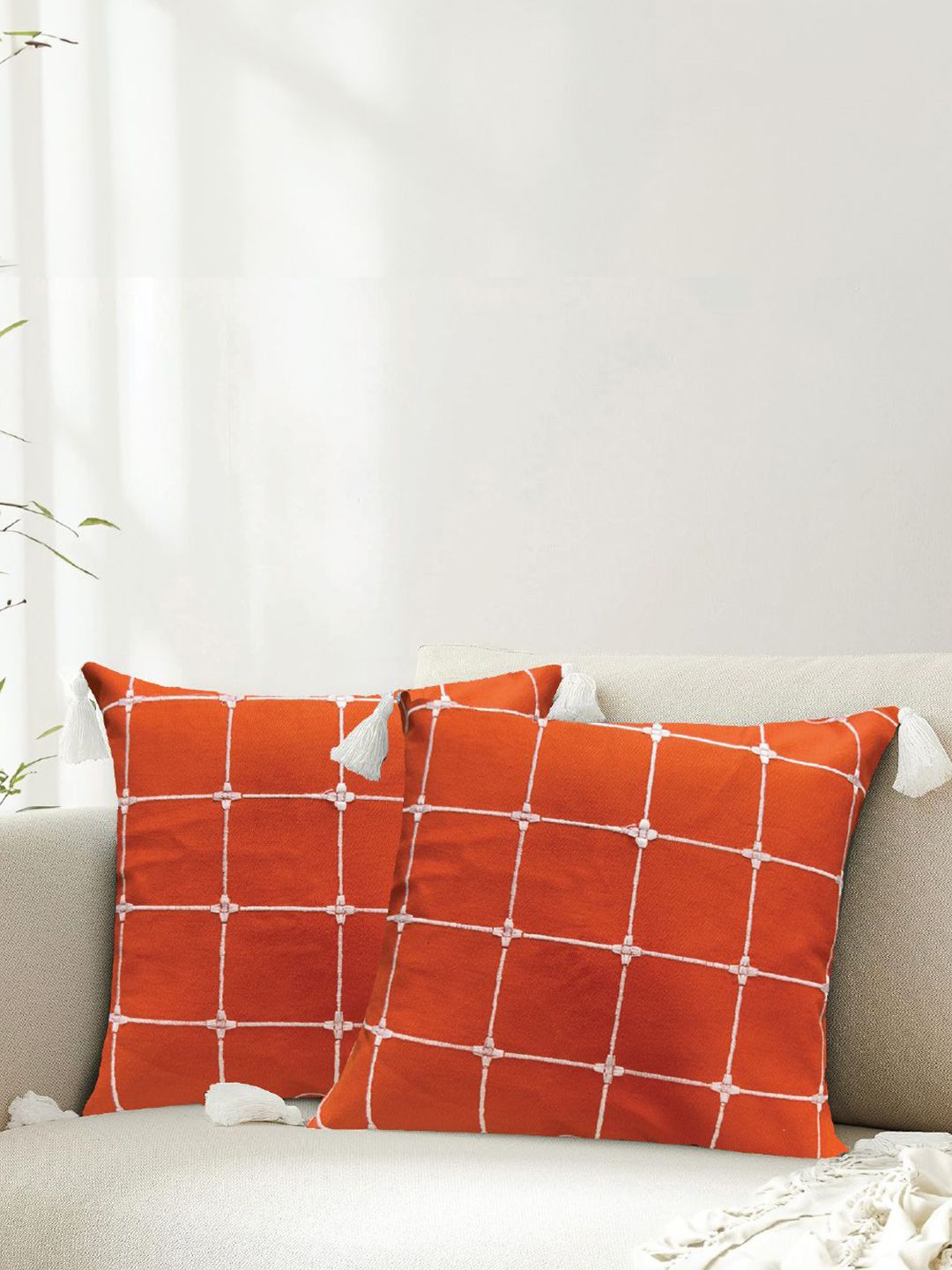 URBAN SPACE Orange & White 2 Pieces Embroidered Square Cushion Covers